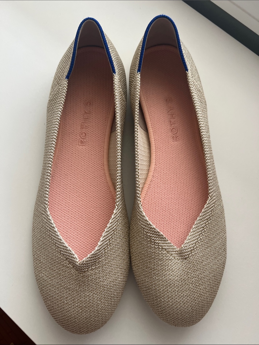 Rothy's Metallic Champagne Knit Ballet Flats with Pink Insole and Blue Trim